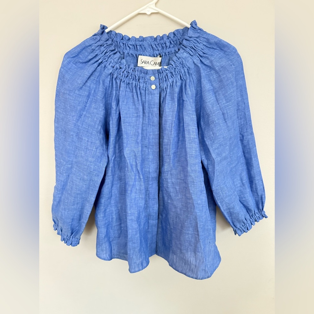 Sara Campbell 100% blue linen peasant top made in USA size Small